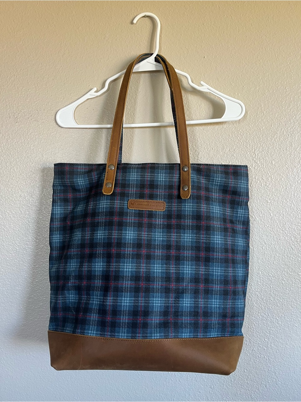 Plaid Canvas Tote with Brown Leather Trim